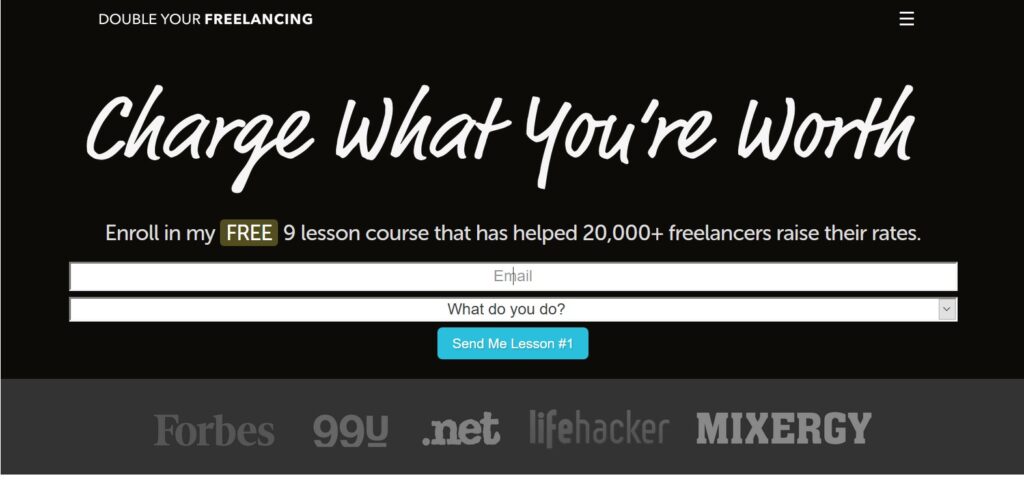 Simple Landing Page sample. Source:  DoubleYourFreelancing